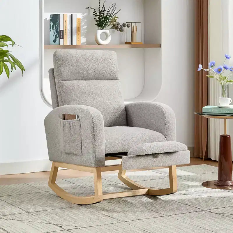 Fauteuil à bascule pour chambre de bébé avec repose-pieds, fauteuil inclinable avec dossier haut et pieds en bois et poche latérale pour salon, chambre, gris