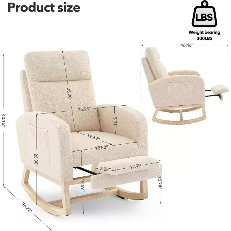 Fauteuil à bascule pour chambre de bébé avec repose-pieds, fauteuil inclinable avec dossier haut et pieds en bois et poche latérale pour salon, chambre, gris