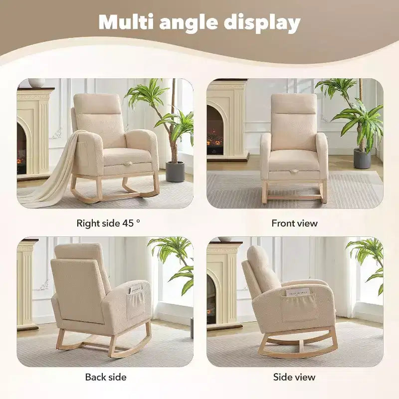 Fauteuil à bascule pour chambre de bébé avec repose-pieds, fauteuil inclinable avec dossier haut et pieds en bois et poche latérale pour salon, chambre, gris