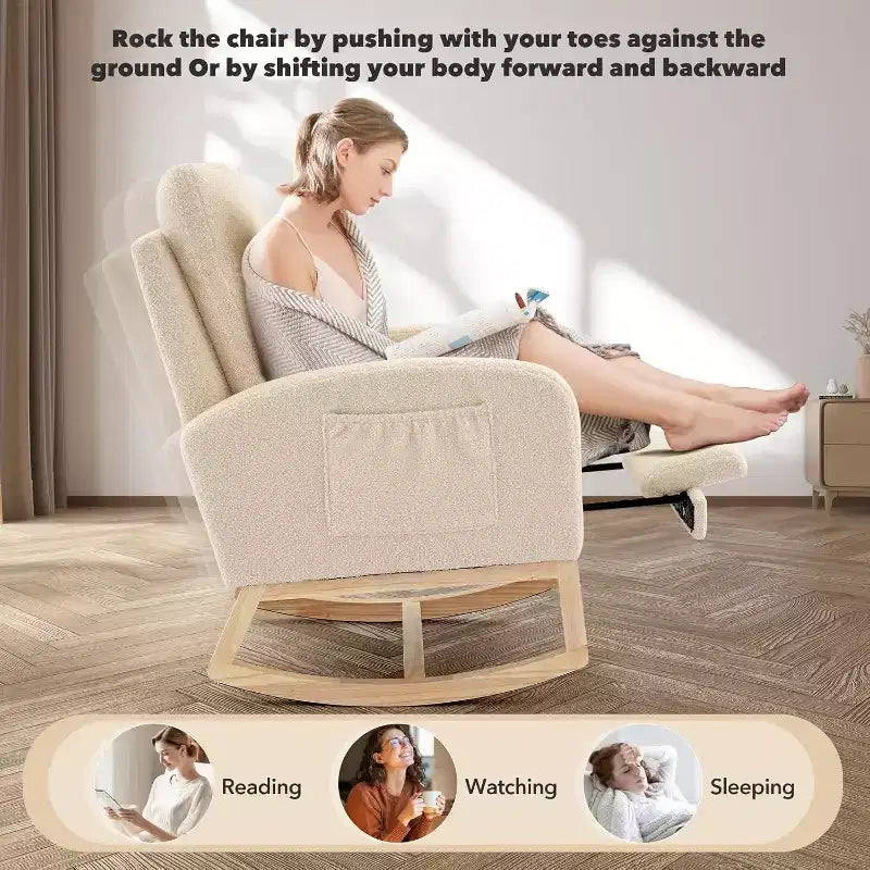 Fauteuil à bascule pour chambre de bébé avec repose-pieds, fauteuil inclinable avec dossier haut et pieds en bois et poche latérale pour salon, chambre, gris