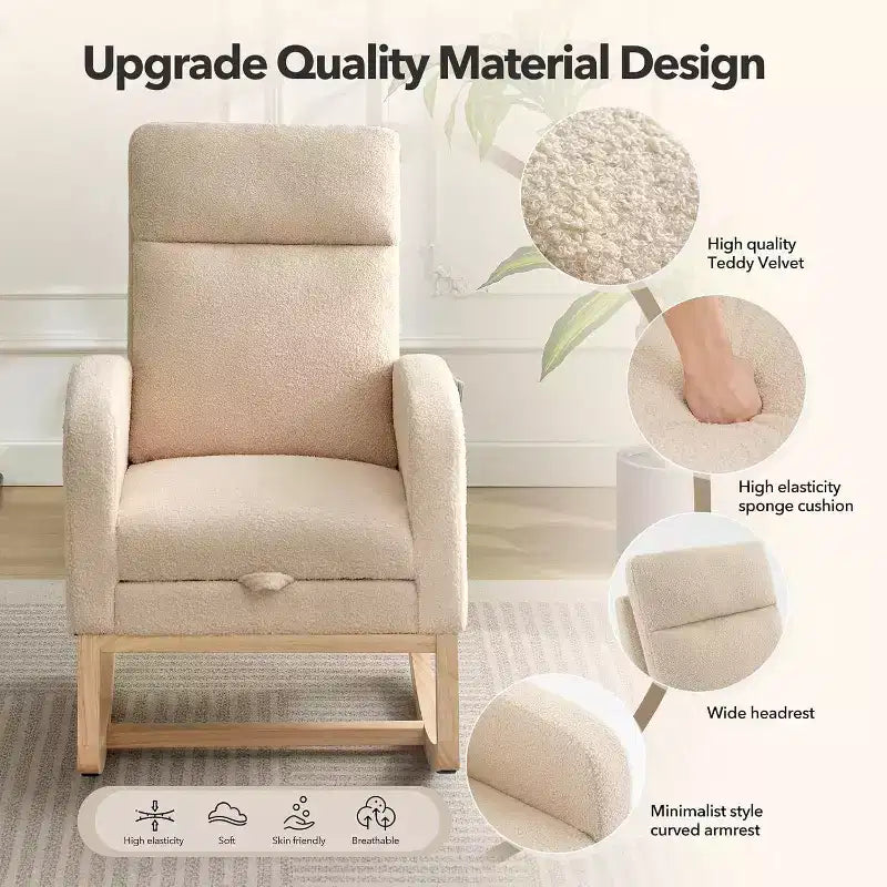 Fauteuil à bascule pour chambre de bébé avec repose-pieds, fauteuil inclinable avec dossier haut et pieds en bois et poche latérale pour salon, chambre, gris