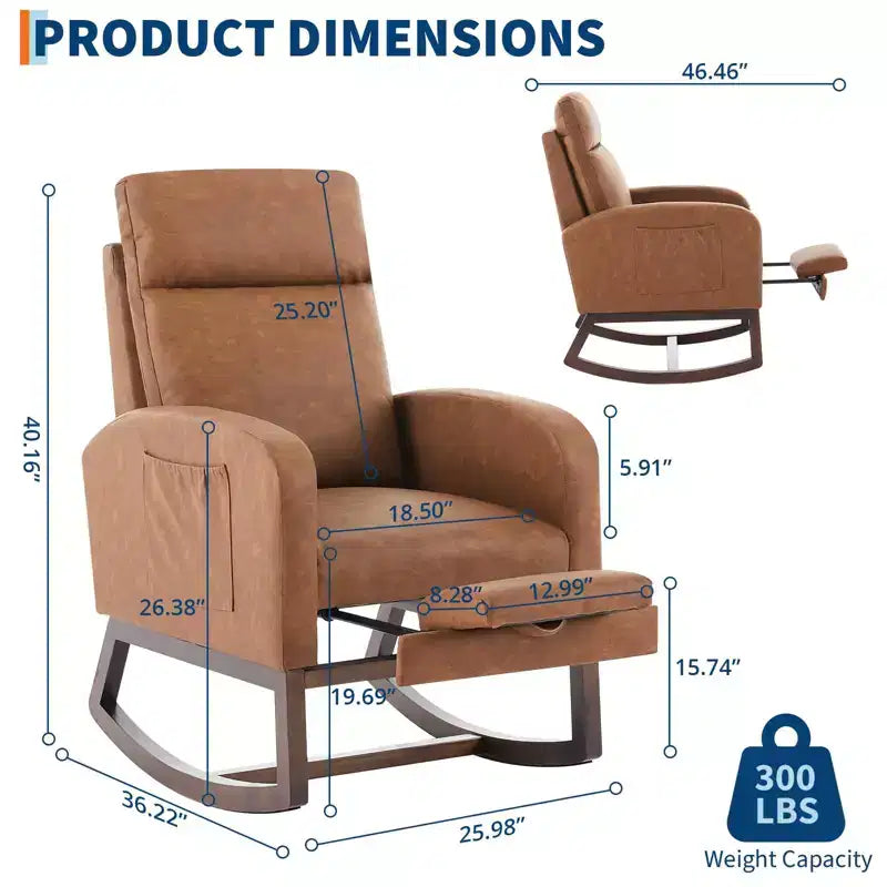 Fauteuil à bascule pour chambre de bébé avec repose-pieds, fauteuil inclinable avec dossier haut et pieds en bois et poche latérale pour salon, chambre, gris