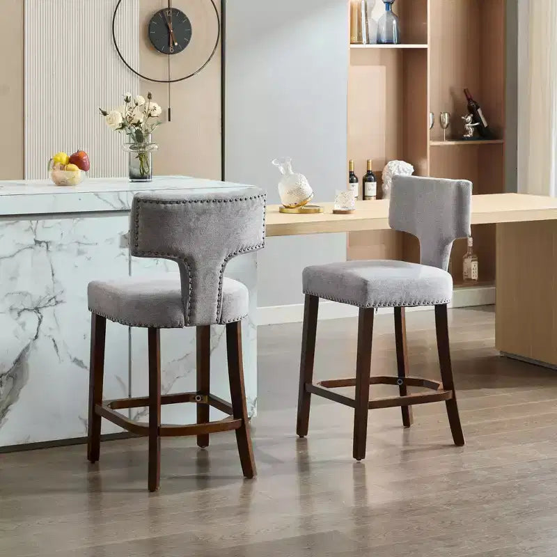 CLIHOME Lot de 2 tabourets de bar mi-siècle hauteur comptoir, chaises d'appoint de cuisine rembourrées en tissu lin de style campagnard avec dossier incurvé