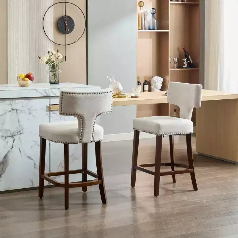 CLIHOME Lot de 2 tabourets de bar mi-siècle hauteur comptoir, chaises d'appoint de cuisine rembourrées en tissu lin de style campagnard avec dossier incurvé