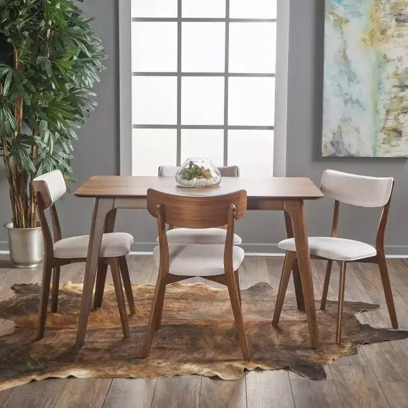 Ensemble de salle à manger 5 pièces GDFStudio Leora, de style moderne du milieu du siècle, en bois et tissu