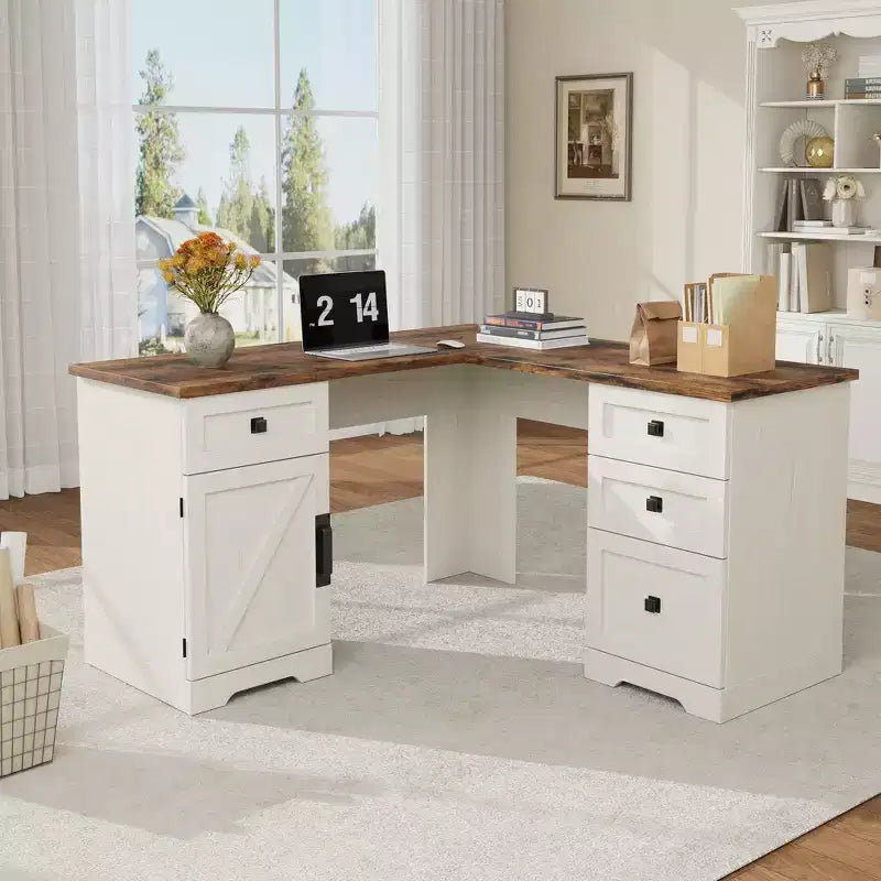 Bureau de direction en L de 60 pouces, bureau à domicile avec tiroirs de classement et armoire de rangement, bureau d'angle pour ordinateur avec armoire de rangement latérale réglable