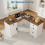 Bureau de direction en L de 60 pouces, bureau à domicile avec tiroirs de classement et armoire de rangement, bureau d'angle pour ordinateur avec armoire de rangement latérale réglable
