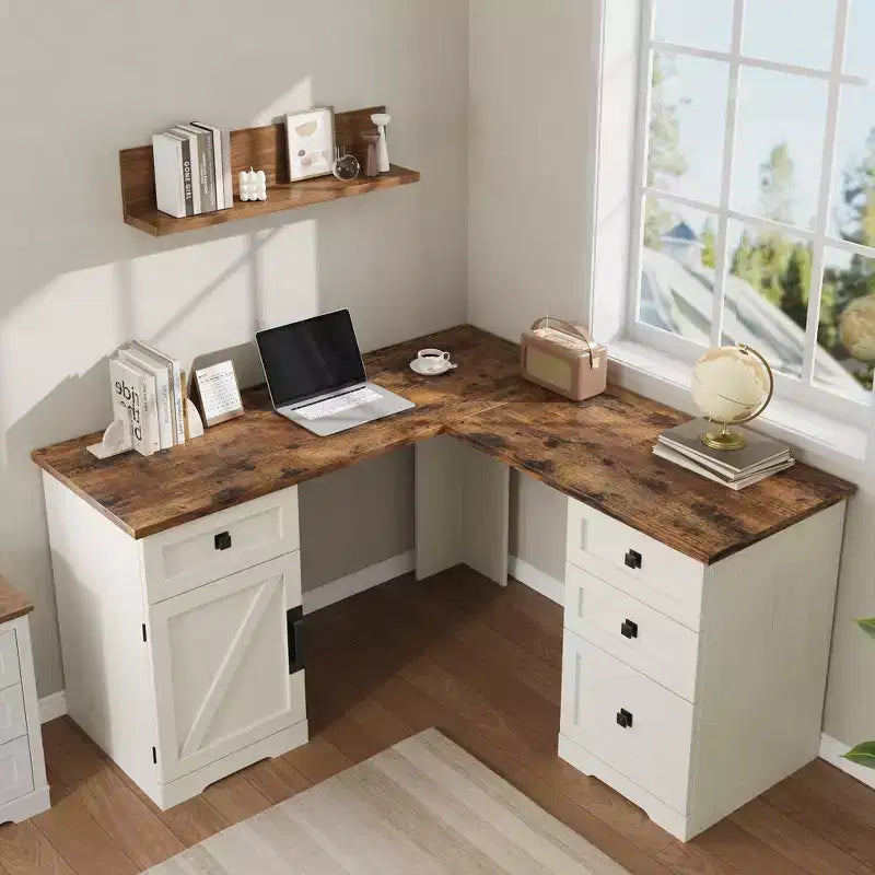 Bureau de direction en L de 60 pouces, bureau à domicile avec tiroirs de classement et armoire de rangement, bureau d'angle pour ordinateur avec armoire de rangement latérale réglable