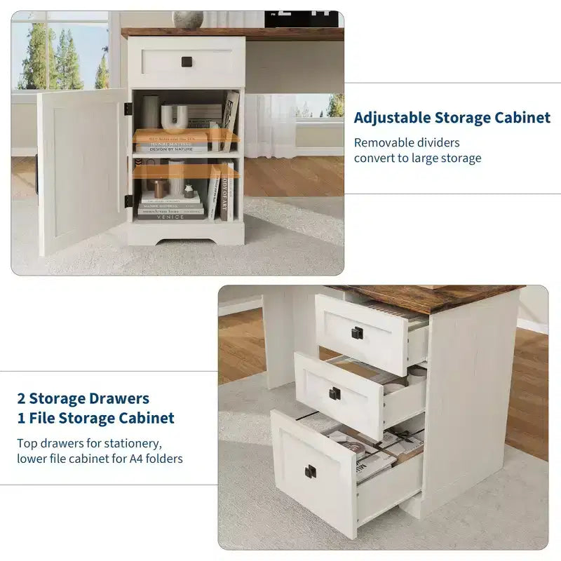 Bureau de direction en L de 60 pouces, bureau à domicile avec tiroirs de classement et armoire de rangement, bureau d'angle pour ordinateur avec armoire de rangement latérale réglable