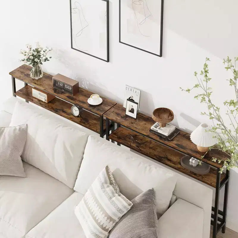 Console étroite, table d'entrée fine de 15 cm, consoles à 2 niveaux pour l'entrée, table de canapé industrielle mince avec étagère réglable, table derrière le canapé