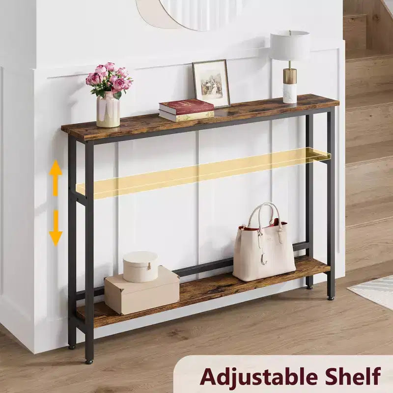 Console étroite, table d'entrée fine de 15 cm, consoles à 2 niveaux pour l'entrée, table de canapé industrielle mince avec étagère réglable, table derrière le canapé