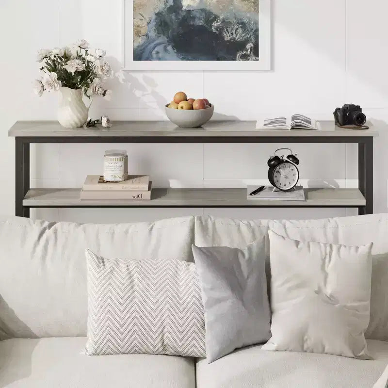 Console étroite, table d'entrée fine de 15 cm, consoles à 2 niveaux pour l'entrée, table de canapé industrielle mince avec étagère réglable, table derrière le canapé