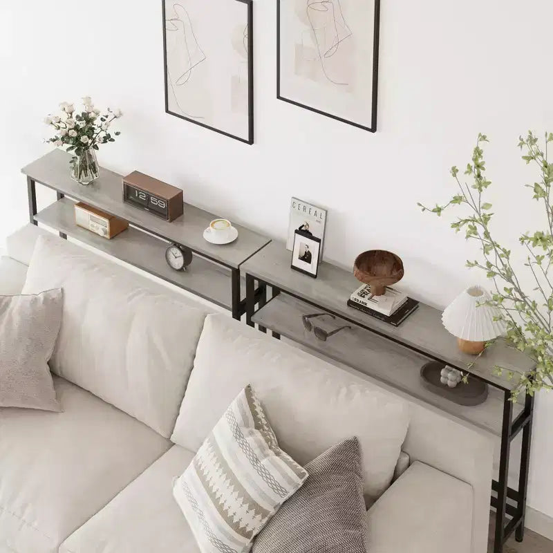 Console étroite, table d'entrée fine de 15 cm, consoles à 2 niveaux pour l'entrée, table de canapé industrielle mince avec étagère réglable, table derrière le canapé
