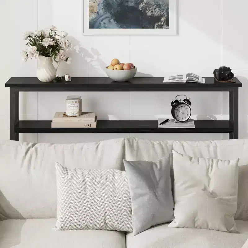 Console étroite, table d'entrée fine de 15 cm, consoles à 2 niveaux pour l'entrée, table de canapé industrielle mince avec étagère réglable, table derrière le canapé
