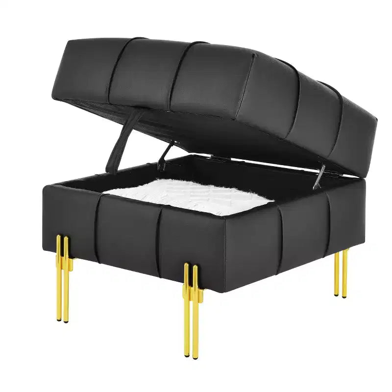 TUYOHW Pouf de rangement en cuir anti-rayures de 56 cm, banc d'entrée adapté aux animaux avec pieds en acier inoxydable doré, noir