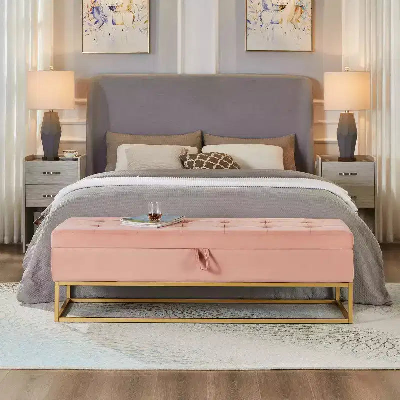 Banc de lit en velours TUYOHW avec base en métal et rangement, pour salon, rose