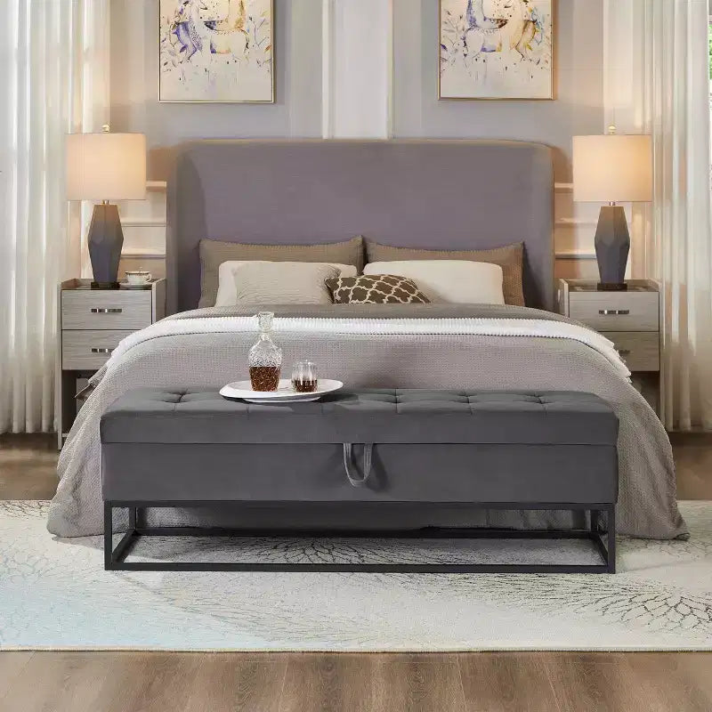 Banc de lit en velours TUYOHW avec base en métal et rangement, pour salon, gris