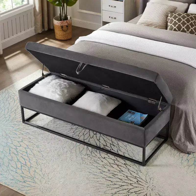 Banc de lit en velours TUYOHW avec base en métal et rangement, pour salon, gris