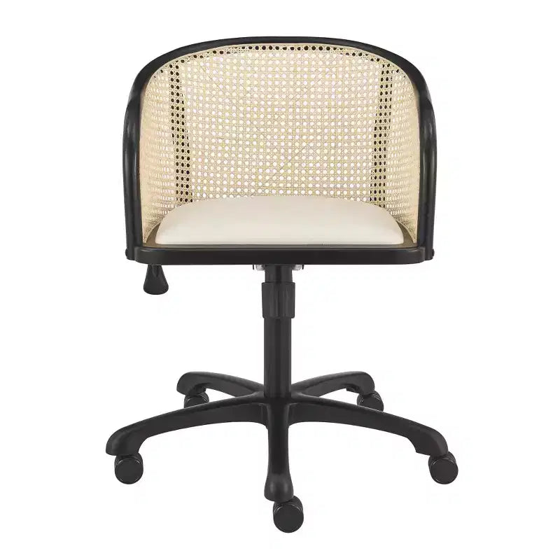 HomeRoots Beige and Black Solid Wood Steel And Cane Rattan Adjustable Swivel Rolling Office Chair