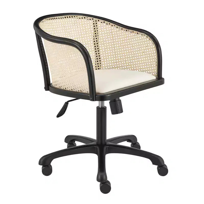 Chaise de Bureau Ergonomique à Roulettes Pivotante en Bois Massif, Acier et Rotin Naturel, coloris Beige et Noir, de HomeRoots
