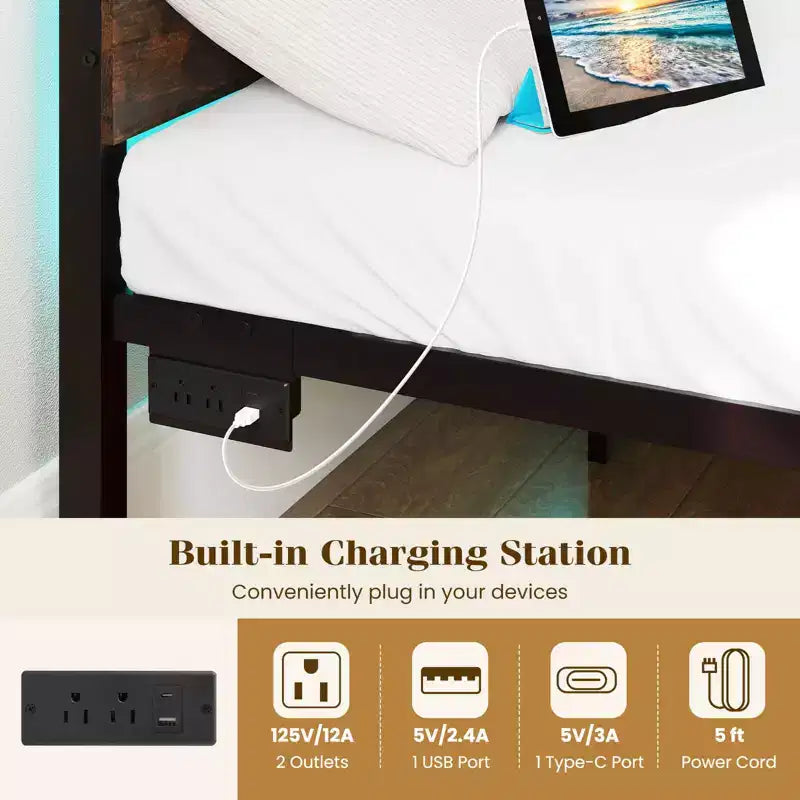 Cadre de lit double Costway avec station de charge intégrée, sommier robuste, marron rustique + noir/noyer + noir