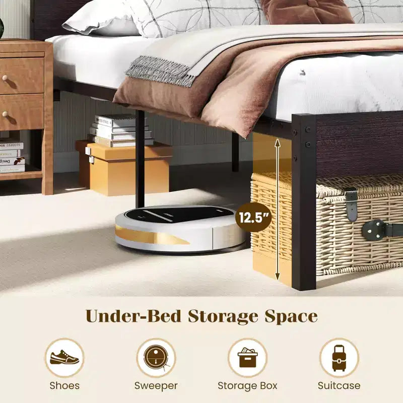 Cadre de lit double Costway avec station de charge intégrée, sommier robuste, marron rustique + noir/noyer + noir