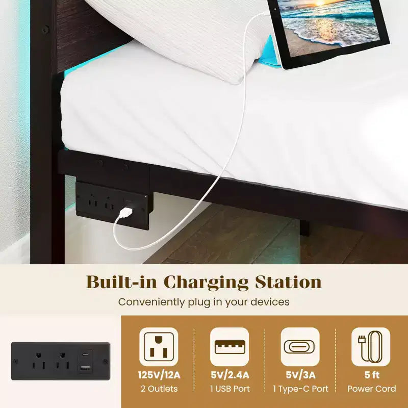 Cadre de lit double Costway avec station de charge intégrée, sommier robuste, marron rustique + noir/noyer + noir