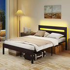 Costway Full Size Bed Frame with Built-in Charging Station Sturdy Mattress Foundation Rustic Brown + Black/Walnut + Black