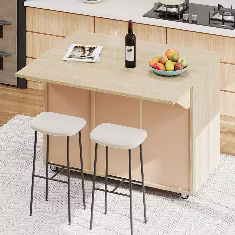 Îlot de cuisine roulant CLIHOME en placage de frêne tressé avec abattant, îlot de cuisine côtier avec étagère de rangement interne