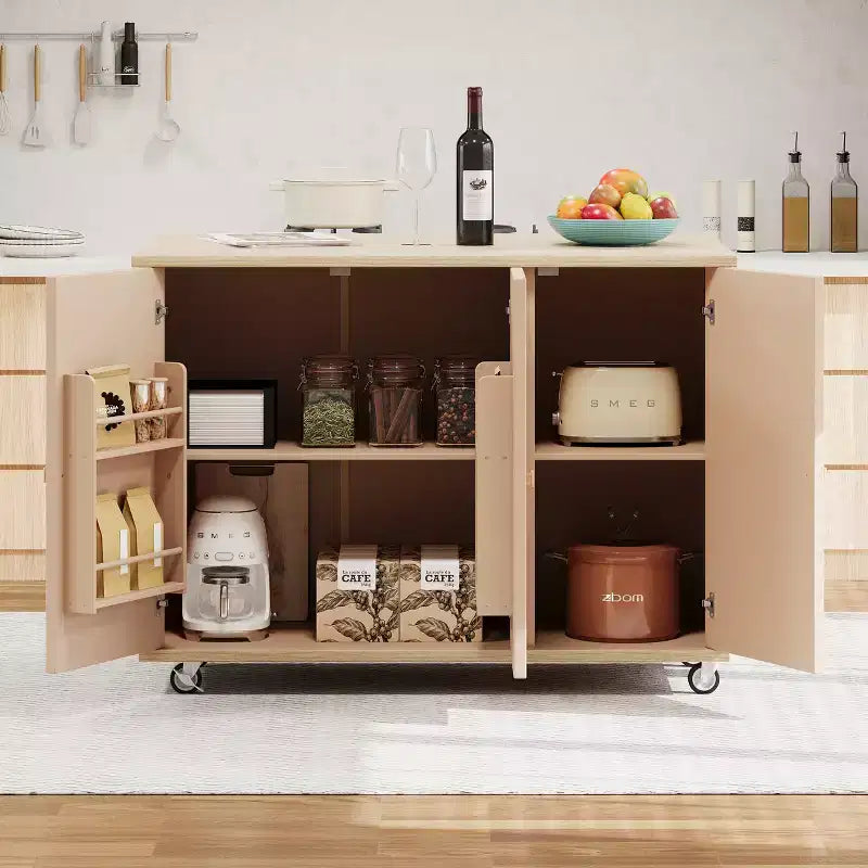Îlot de cuisine roulant CLIHOME en placage de frêne tressé avec abattant, îlot de cuisine côtier avec étagère de rangement interne