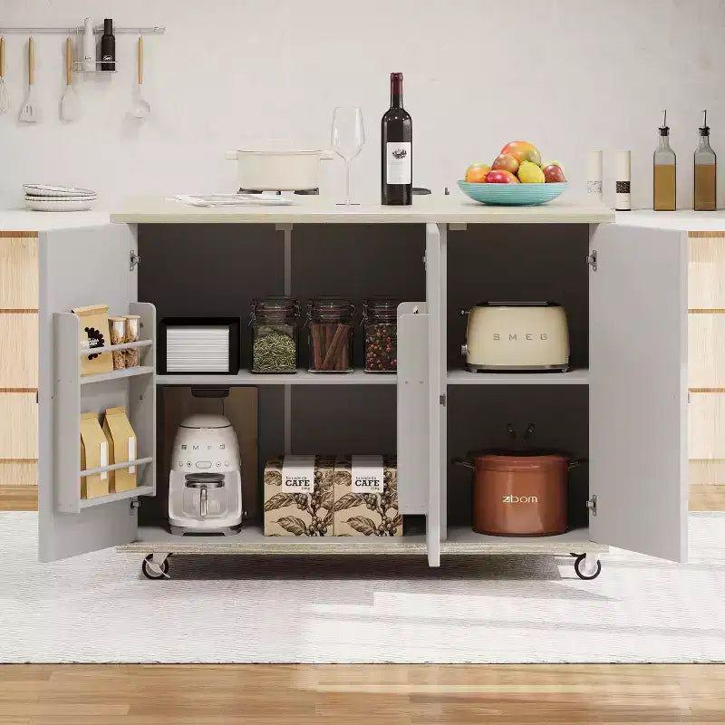 Îlot de cuisine roulant CLIHOME en placage de frêne tressé avec abattant, îlot de cuisine côtier avec étagère de rangement interne