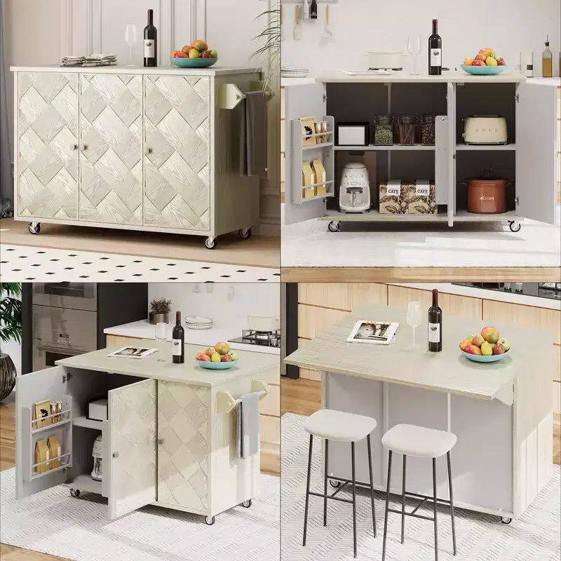 Îlot de cuisine roulant CLIHOME en placage de frêne tressé avec abattant, îlot de cuisine côtier avec étagère de rangement interne