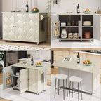 Îlot de cuisine roulant CLIHOME en placage de frêne tressé avec abattant, îlot de cuisine côtier avec étagère de rangement interne