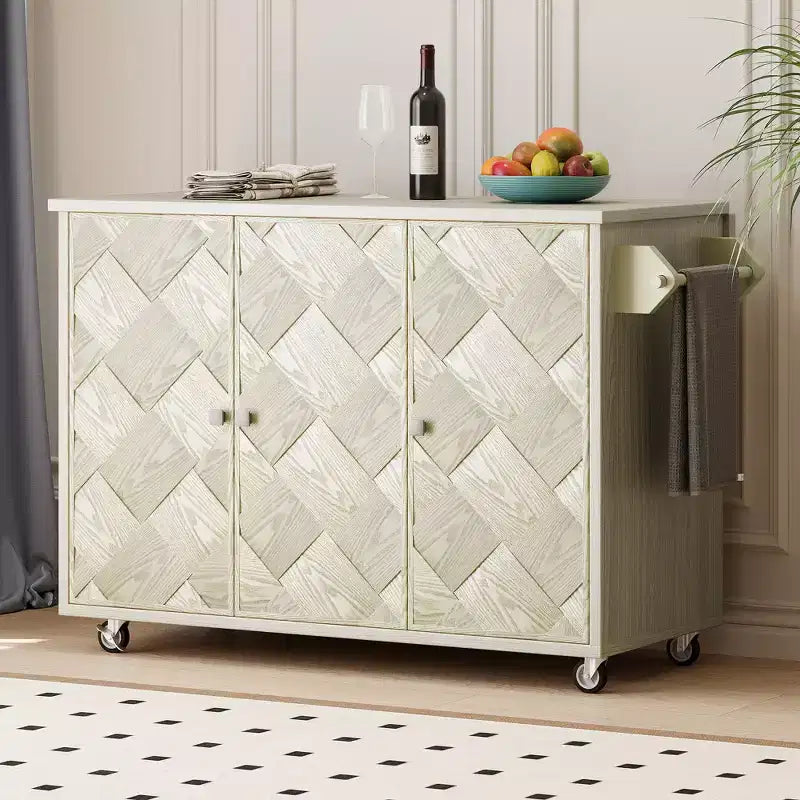 CLIHOME ASH Veneer Handwoven Rolling Kitchen Island with Drop Leaf, Coastal Kitchen Island with Internal Storage Rack
