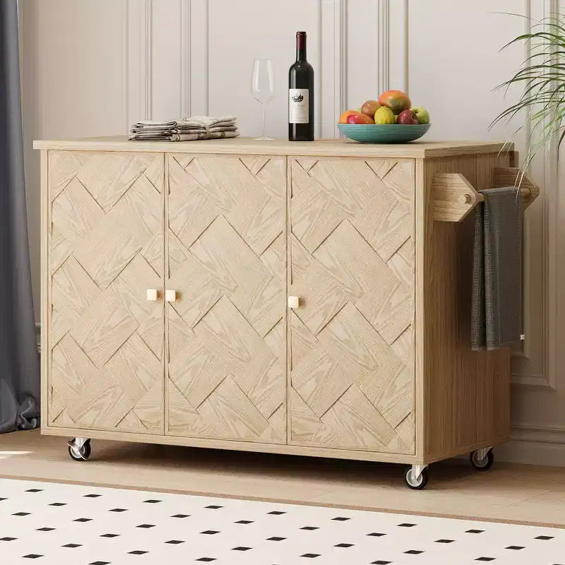 Îlot de cuisine roulant CLIHOME en placage de frêne tressé avec abattant, îlot de cuisine côtier avec étagère de rangement interne