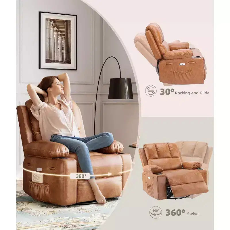 Fauteuil inclinable pivotant en similicuir pour adultes avec télécommande, porte-gobelets, fauteuil de salon, de chambre à coucher, de chambre d'enfant