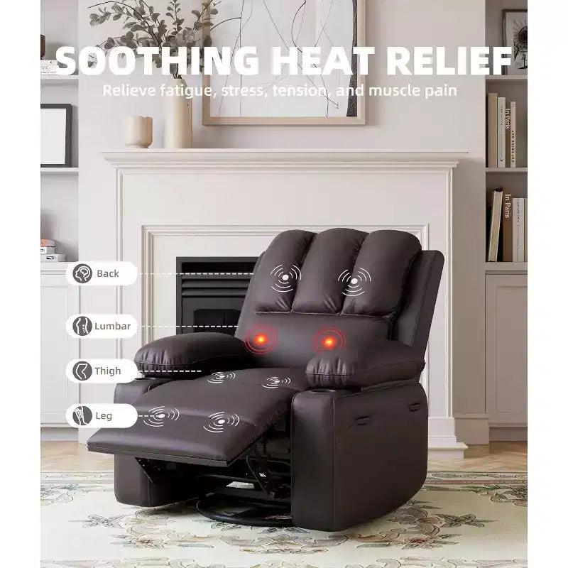 Fauteuil inclinable pivotant en similicuir pour adultes avec télécommande, porte-gobelets, fauteuil de salon, de chambre à coucher, de chambre d'enfant