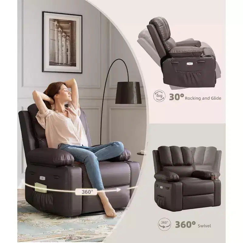 Fauteuil inclinable pivotant en similicuir pour adultes avec télécommande, porte-gobelets, fauteuil de salon, de chambre à coucher, de chambre d'enfant