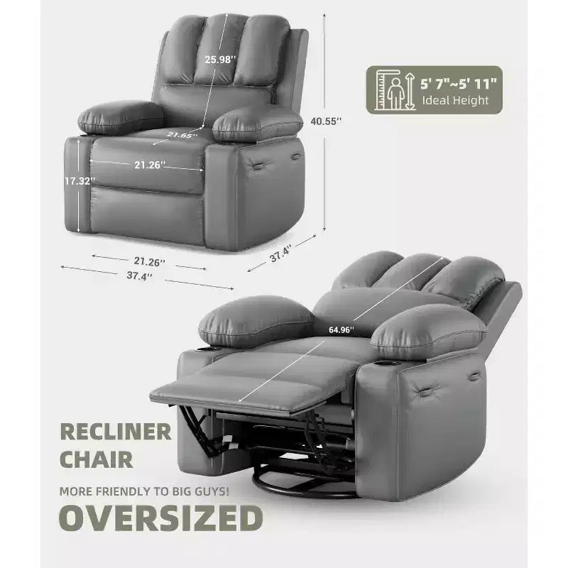 Fauteuil inclinable pivotant en similicuir pour adultes avec télécommande, porte-gobelets, fauteuil de salon, de chambre à coucher, de chambre d'enfant