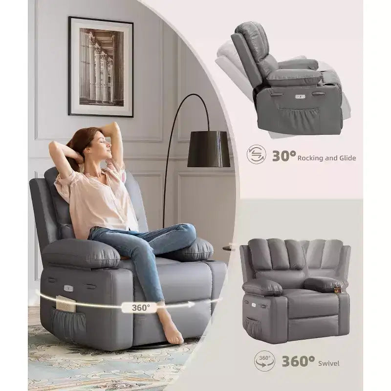 Fauteuil inclinable pivotant en similicuir pour adultes avec télécommande, porte-gobelets, fauteuil de salon, de chambre à coucher, de chambre d'enfant
