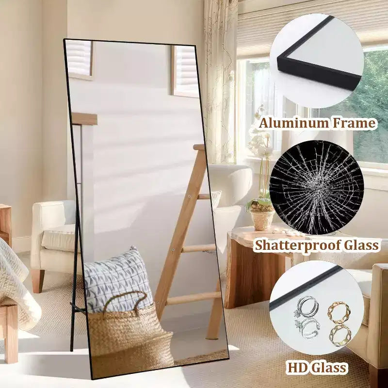 Miroir Acekool pleine longueur 71x31, grand miroir rectangulaire à poser ou mural, cadre fin en aluminium, verre HD antidéflagrant, noir