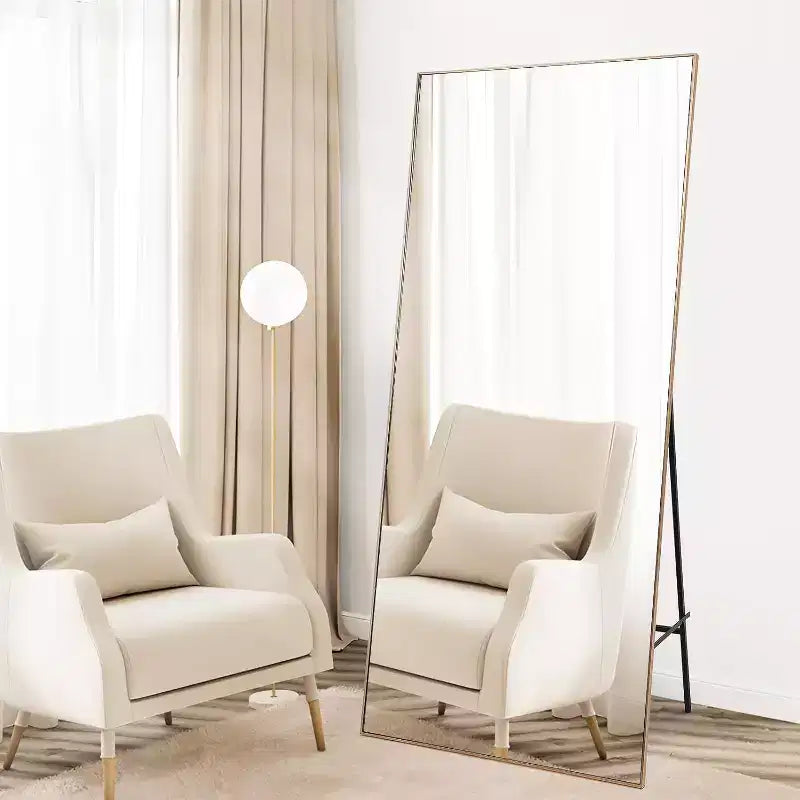 Miroir Acekool pleine longueur 71x31, grand miroir rectangulaire à poser ou mural, cadre fin en aluminium, verre HD antidéflagrant, noir
