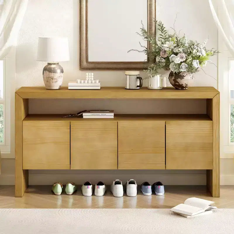 Okak 60 Buffet moderne, Armoire de rangement en bois massif avec 4 portes et étagère ouverte pour salle à manger, salon, entrée