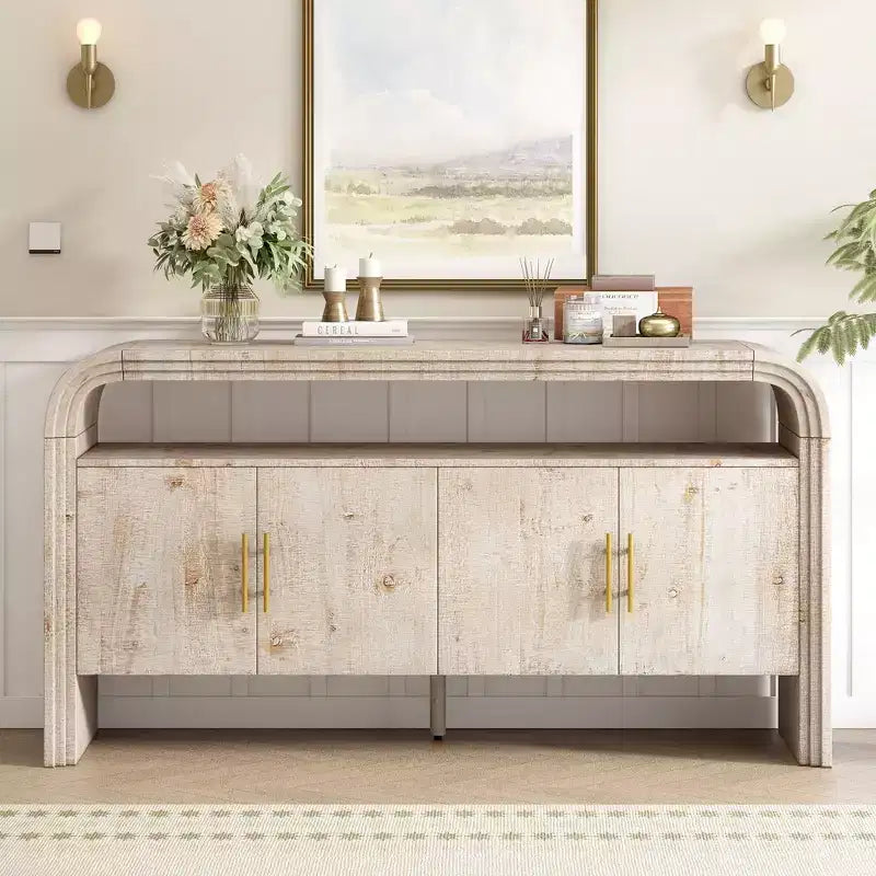 Okak 60 Buffet moderne, Armoire de rangement en bois massif avec 4 portes et étagère ouverte pour salle à manger, salon, entrée