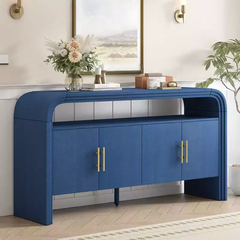 Okak 60 Buffet moderne, Armoire de rangement en bois massif avec 4 portes et étagère ouverte pour salle à manger, salon, entrée