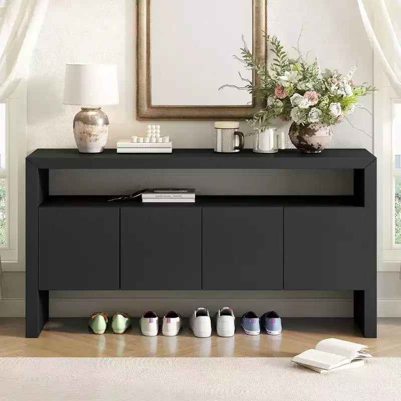Okak 60 Buffet moderne, Armoire de rangement en bois massif avec 4 portes et étagère ouverte pour salle à manger, salon, entrée