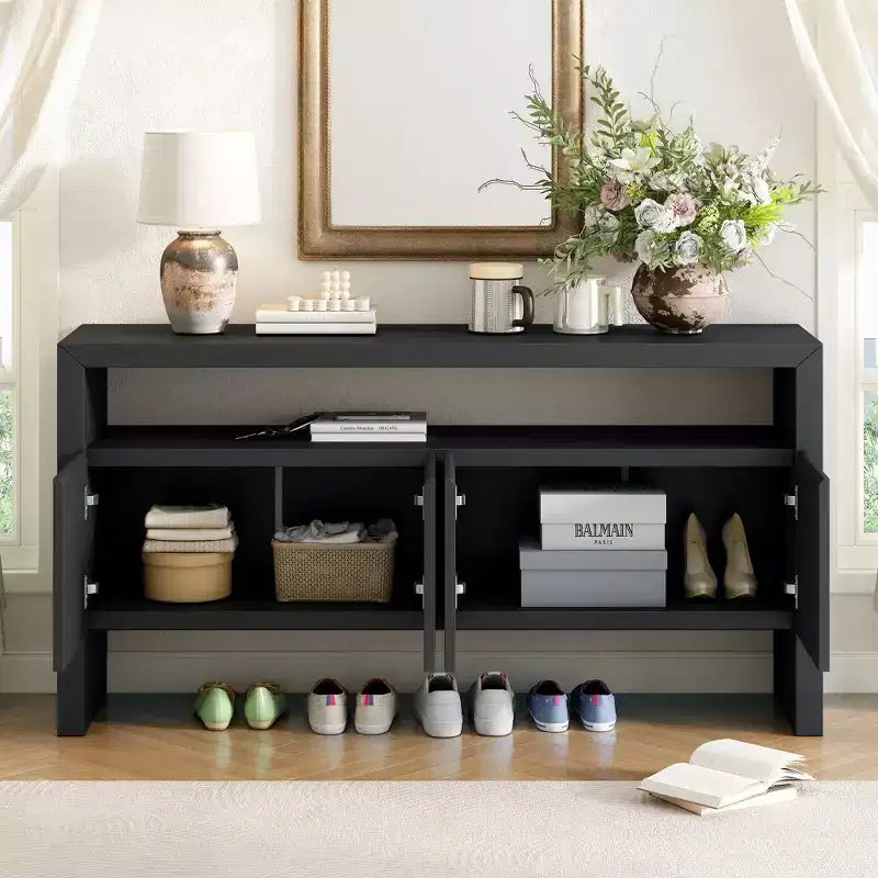 Okak 60 Buffet moderne, Armoire de rangement en bois massif avec 4 portes et étagère ouverte pour salle à manger, salon, entrée
