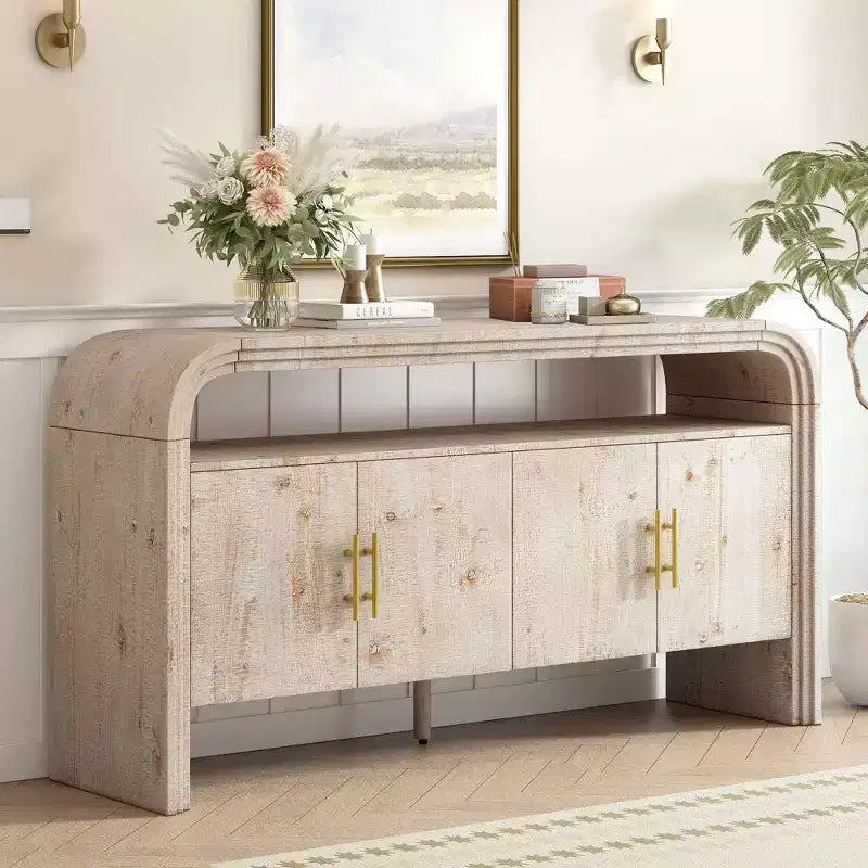 Okak 60 Buffet moderne, Armoire de rangement en bois massif avec 4 portes et étagère ouverte pour salle à manger, salon, entrée
