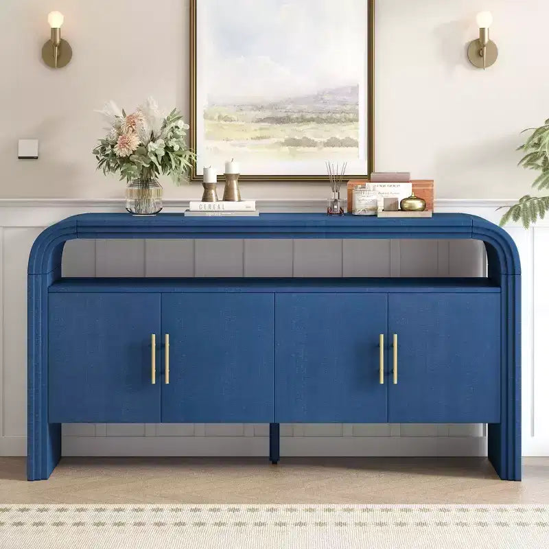 Okak 60 Buffet moderne, Armoire de rangement en bois massif avec 4 portes et étagère ouverte pour salle à manger, salon, entrée