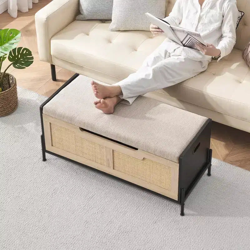 Ottoman de rangement 39,4 pouces, grand banc en rotin, pouf repose-pieds carré en rotin, banc de chambre.
